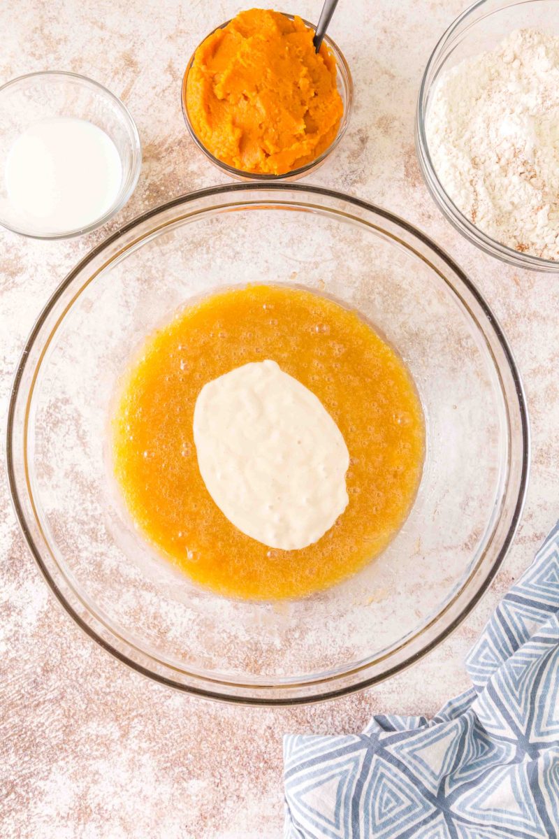 Sourdough discard added to a bowl of smooth pumpkin batter. - Hostess At Heart