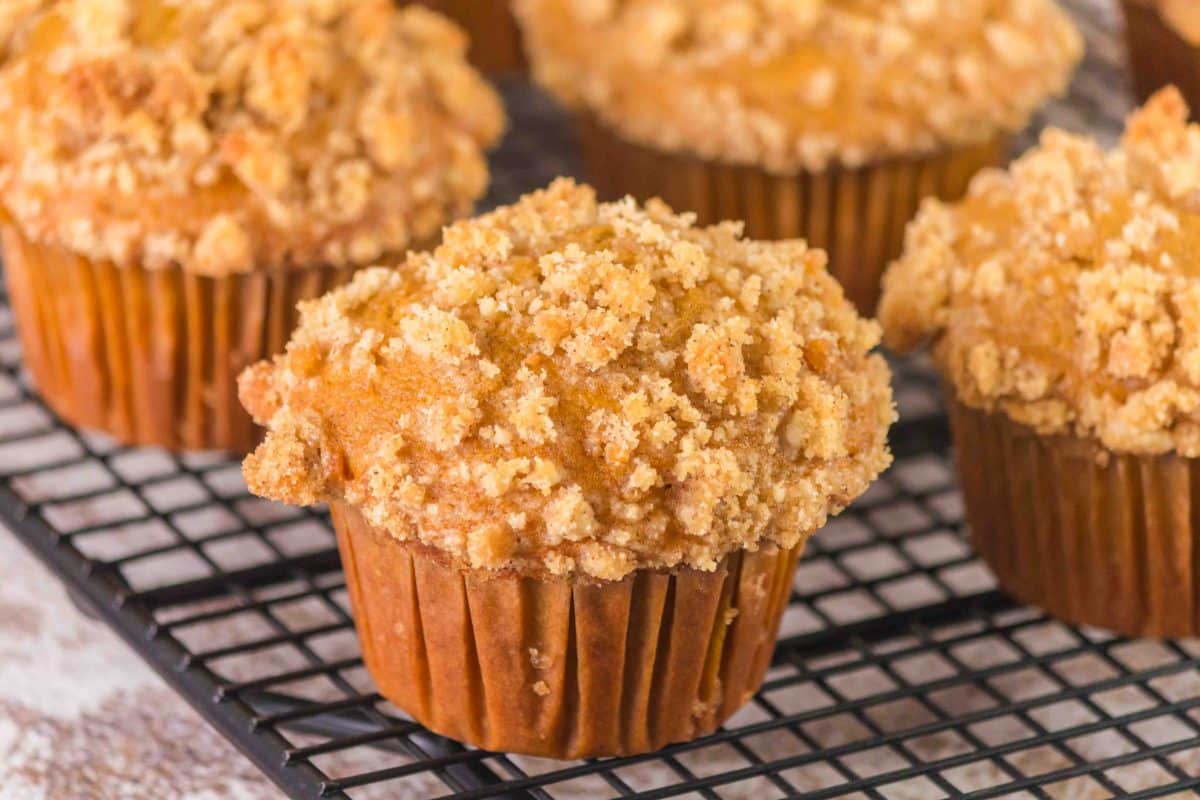 Close up of a sourdough pumpkin muffin with crumble topping showing moist texture and tall bakery-style dome - Hostess At Heart