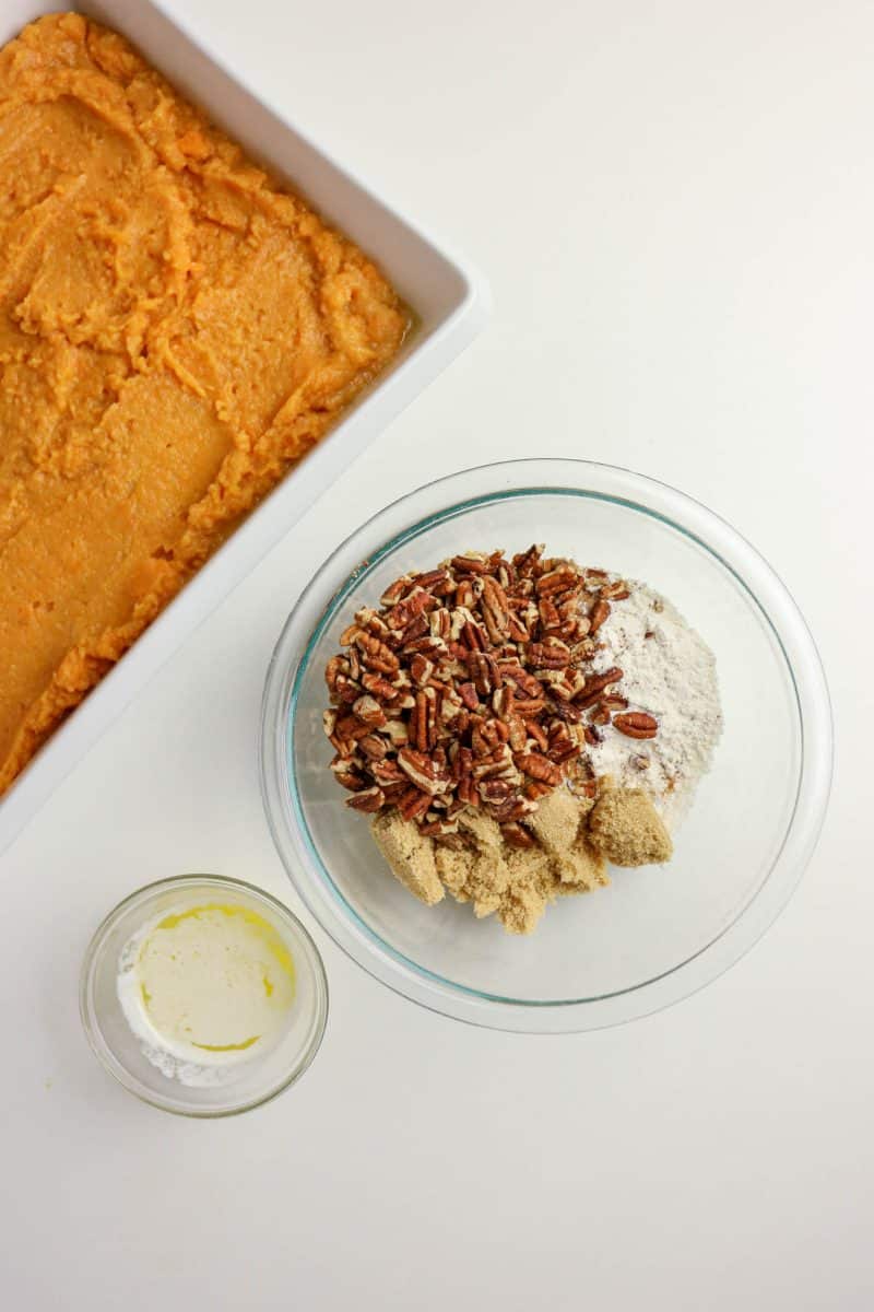 Sweet potato casserole pecan topping ingredients: melted butter, brown sugar, pecans, and flour - Hostess At Heart