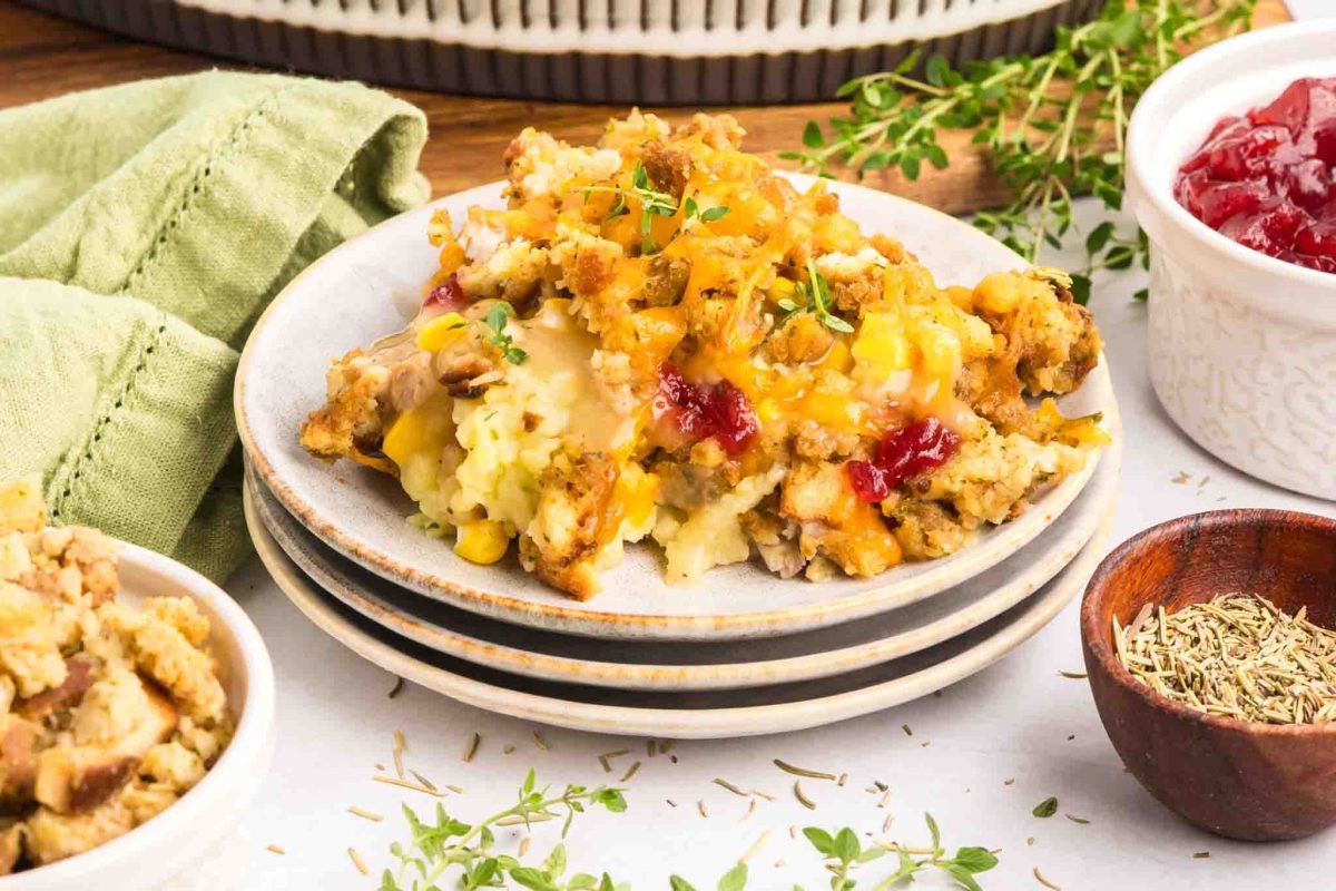 A serving of Thanksgiving Leftover Casserole served on a white plate - Hostess At Heart