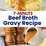 Two images for Pinterest. Top is rich beef gravy poured over creamy mashed potatoes the bottom image is smooth beef gravy in white gravy boat pouring over mashed potatoes - Hostess At Heart