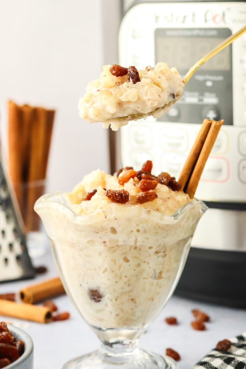 A spoonful of quick rice pudding filled with cinnamon and raisins hovering over the dessert dish - Hostess at Heart