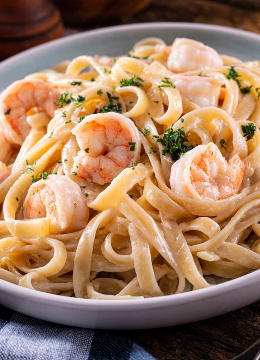 A bowl of creamy shrimp pasta made with fettuccine noodles - Hostess At Heart