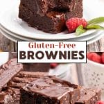 An image for Pinterest created with two photos and a text title of the recipe. The top photo is a sideview of two cut squares of brownies topped with chocolate ganache. A bite is taken out of the top one showing a moist interior. The bottom photo is a stack of cut brownie squares. The top one has granache over the top and dripping down the sides - Hostess At Heart