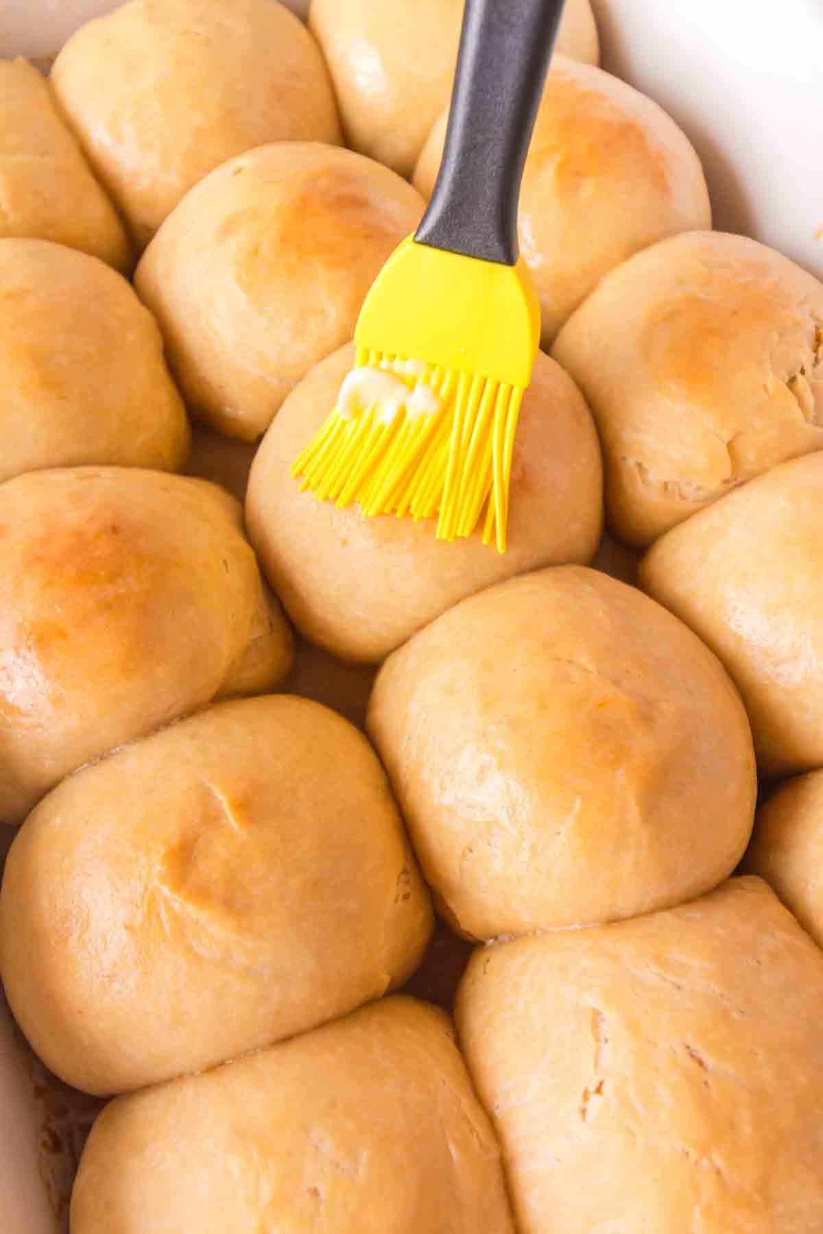 A basting brush applying soft butter to the tops of warm golden brown baked Hawaiian Rolls - Hostess At Heart