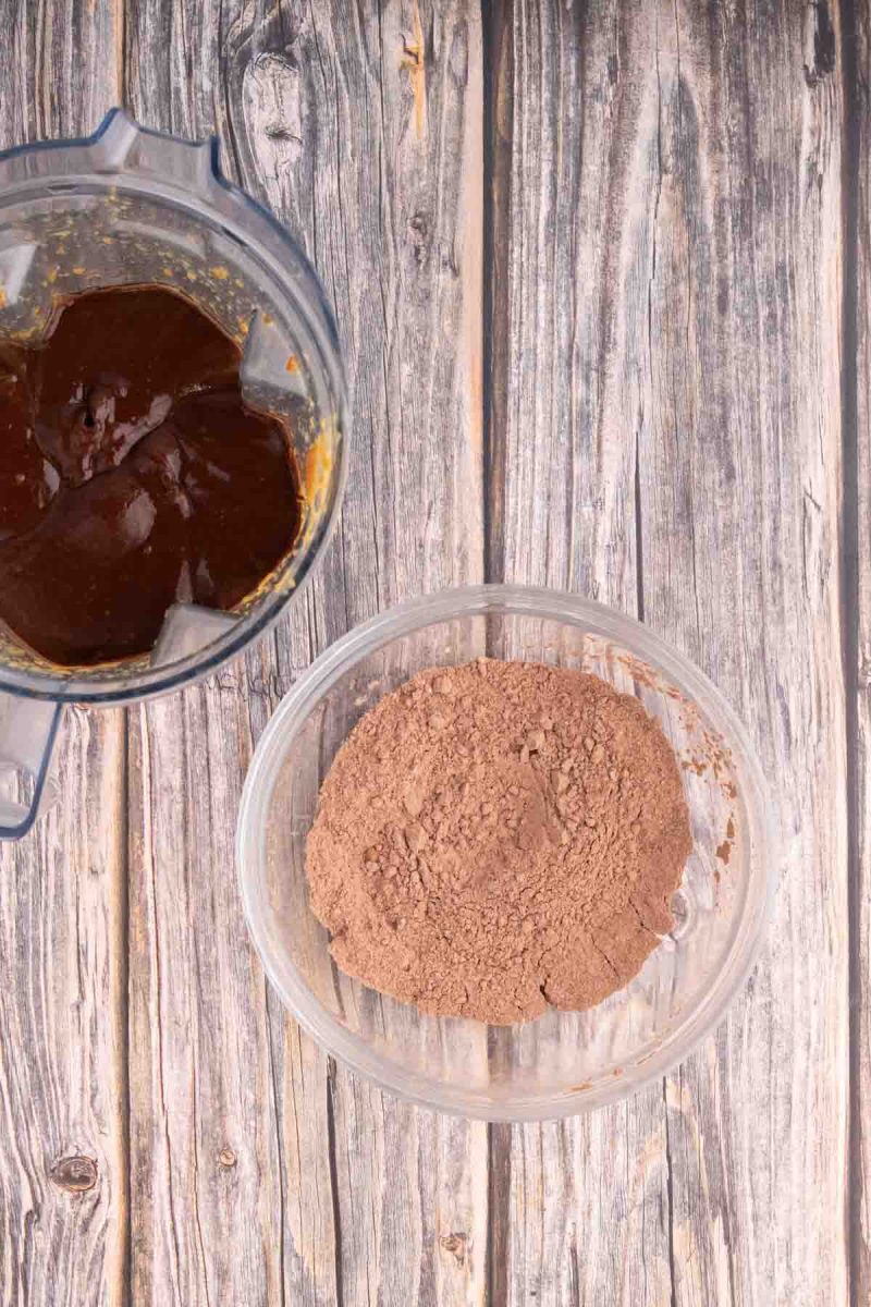 Dry ingredients used to make gluten free chocolate brownies including Flour, Cocoa Powder, espresso powder and salt. Hostess At Heart