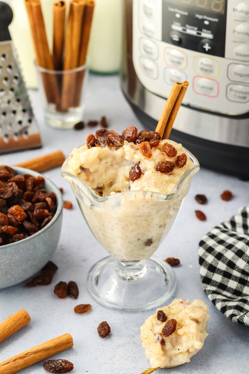 A dessert cup filled with pressure cooker rice pudding topped with cinnamon and raisins. A spoonful has been scooped out showing how thick and creamy it is - Hostess At Heart