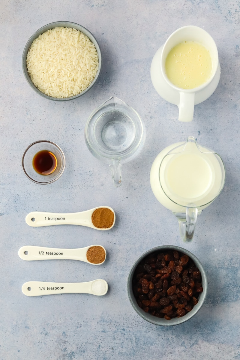 Ingredients for Instant Pot Rice Pudding Recipe: Rice, condensed milk, cinnamon, salt, nutmeg, vanilla, raisins, and milk - Hostess At Heart
