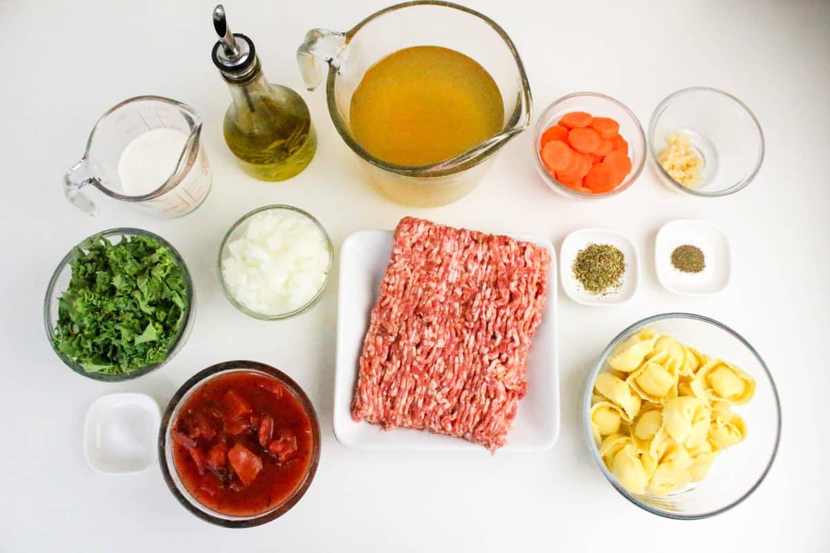 Ingredients used to make Italian sausage tortellini soup recipe including Italian sausage, canned tomatoes, cheese tortellini pasta, onion, carrots, garlic, cream, olive oil, chicken stock, salt, pepper, and oregano - Hostess At Heart