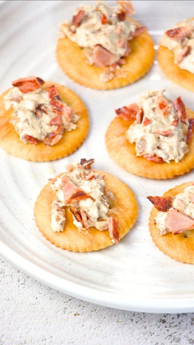 Caramelized onion bacon dip served with crackers on a white plate - Hostess At Heart