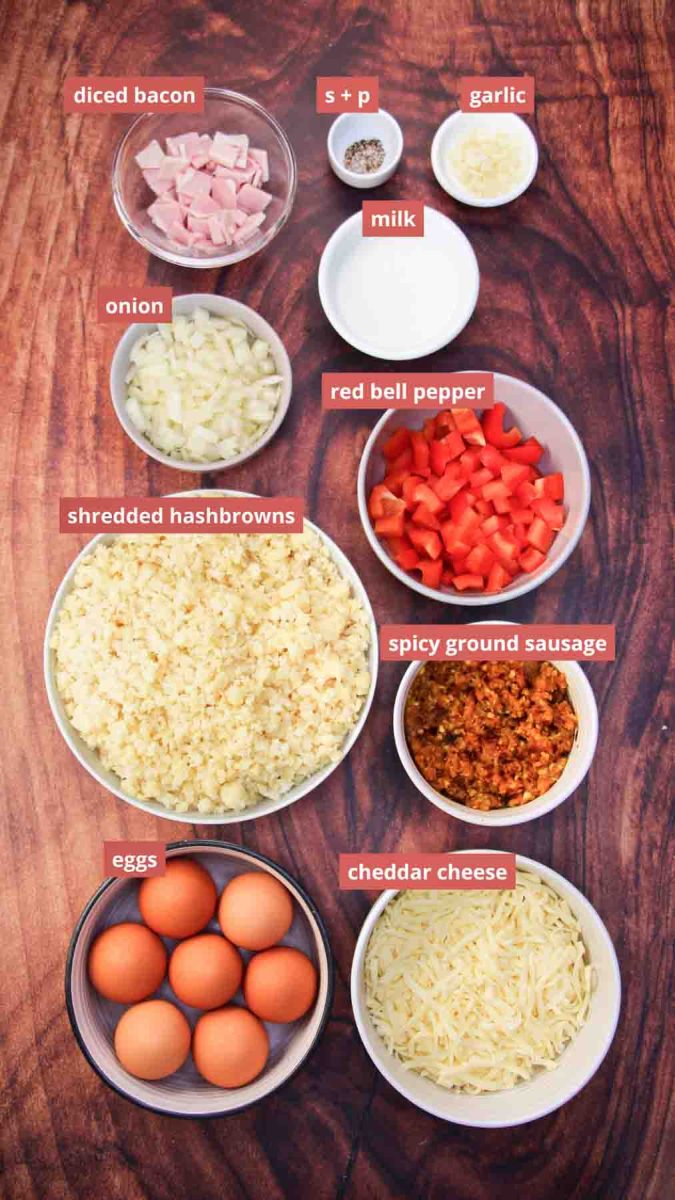 Raw ingredients for breakfast casserole including sausage, canadian bacon, red bell peppers, onion, cheese, garlic, eggs, and hashbrowns - Hostess At Heart