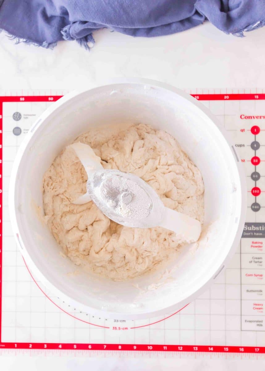Top down view of a stand mixer filled with bagle dough ready to be risen. Hostess At Heart