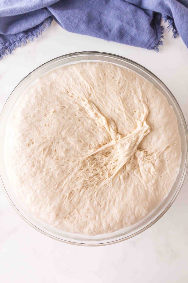 A mixing bowl filled with risen bagel dough ready to be shaped. Hostess At Heart
