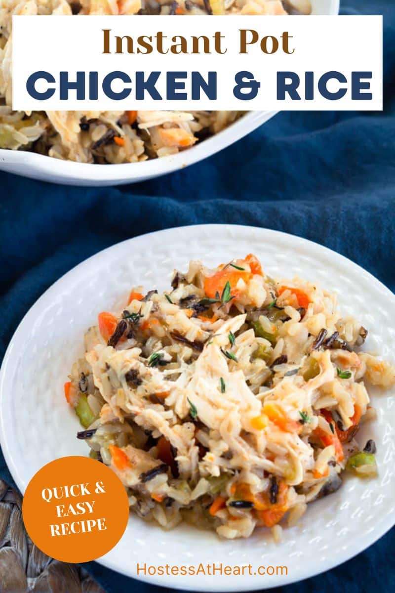 A white plate filled with shredded chicken, wild rice, colorful veggies that were made in an instant pot - Hostess At Heart