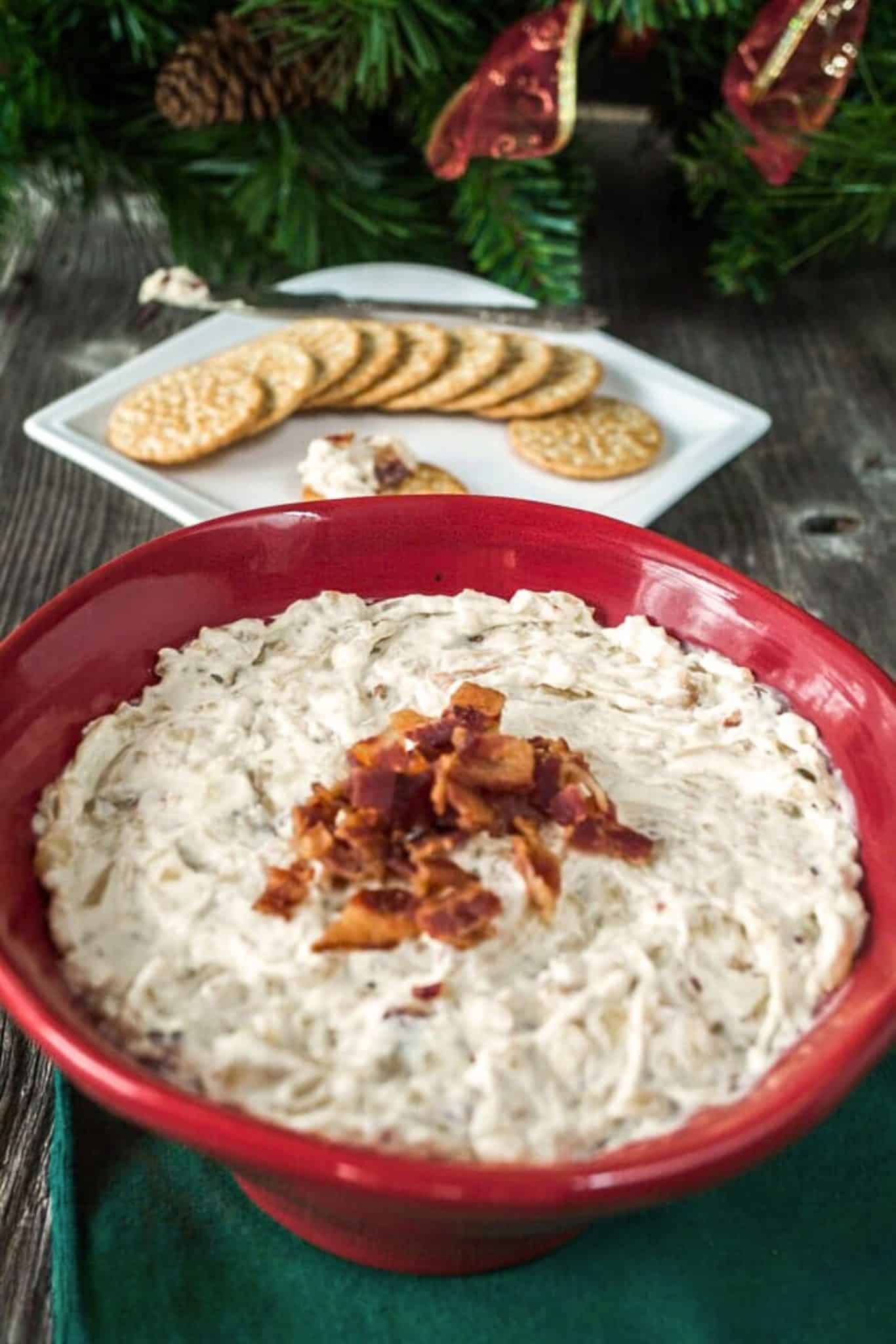 Caramelized Onion Dip in a red bowl with crackers in the background - Hostess At Heart