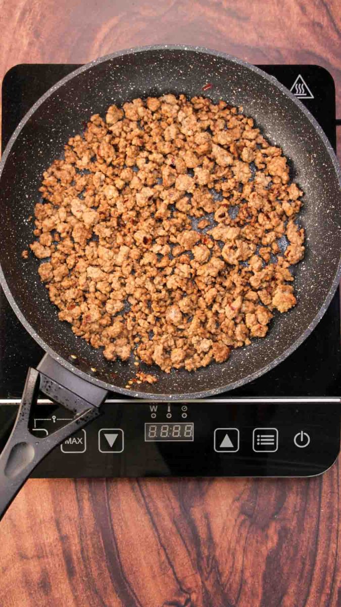 Browned breakfast sausage in a skillet. Hostess At Heart