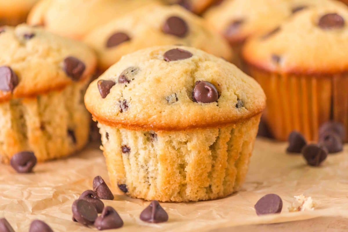 Tableview of a sourdough chocolate chip muffin on a sheet of parchment paper surrounded by more muffins. Hostess At Heart