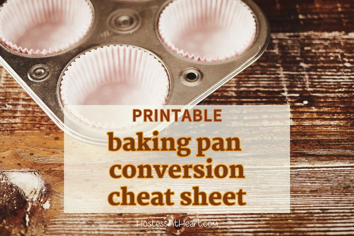 An image with a cupcake pan in the background titled "printing baking pan conversion cheat sheet"