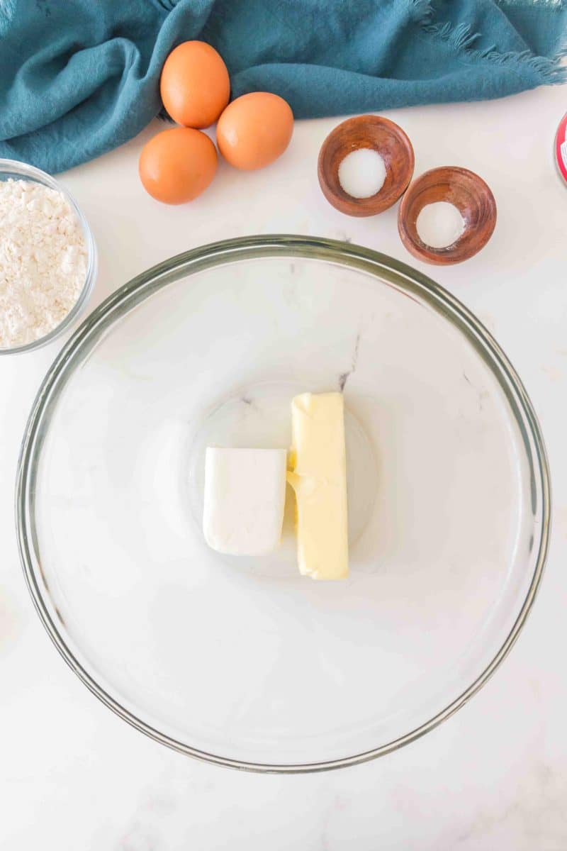 A mixing bowl containing shortening and butter ready to be creamed together - Hostess At Heart
