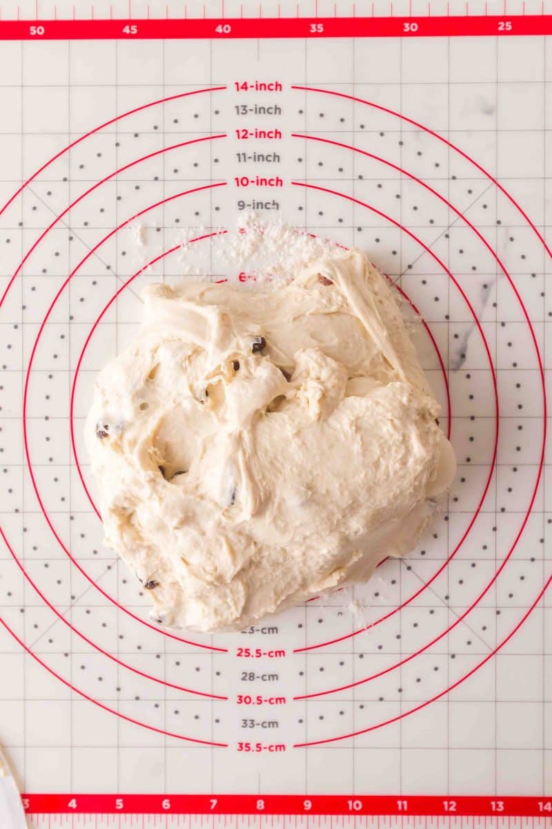 Sourdough cinnamon raisin bread dough on a baking mat before shaping and filling - Hostess At Heart