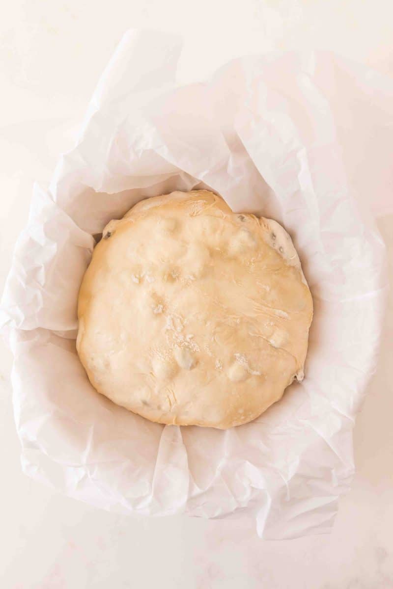 Sourdough cinnamon raisin bread shaped into a boule for an overnight ferment in the refrigerator. Hostess At Heart