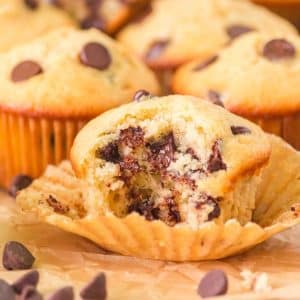 Sideview of golden-brown sourdough chocolate chip muffin with melted chocolate chips visible. Hostess At Heart