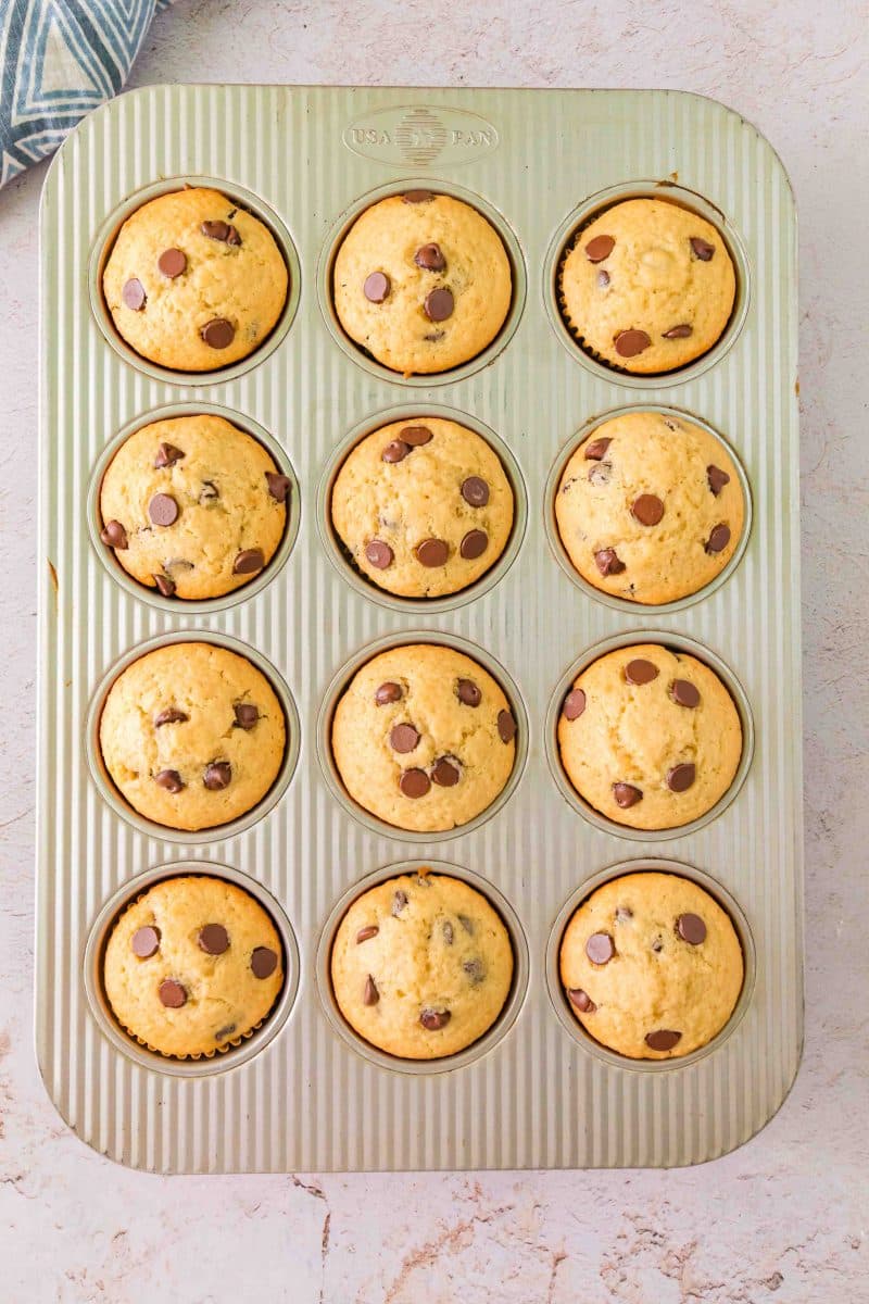 Top down view of a muffin pan filled with baked golden brown chocolate chip discard muffins - Hostess At Heart