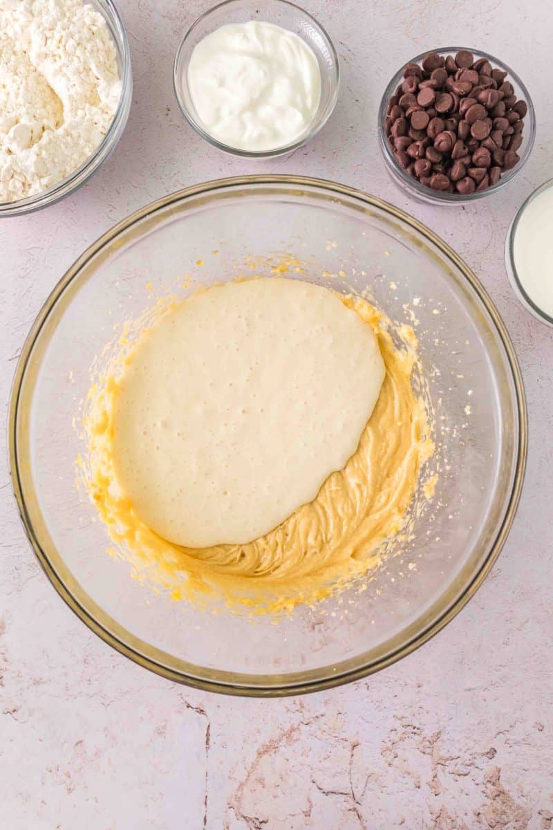 Sourdough chocolate chip batter topped with sourdough discard in a mixing bowl. Hostess At Heart