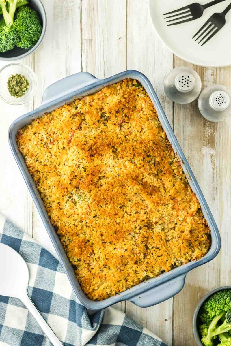 Golden brown tuna noodle casserole fresh from oven with crispy panko topping. Hostess At Heart