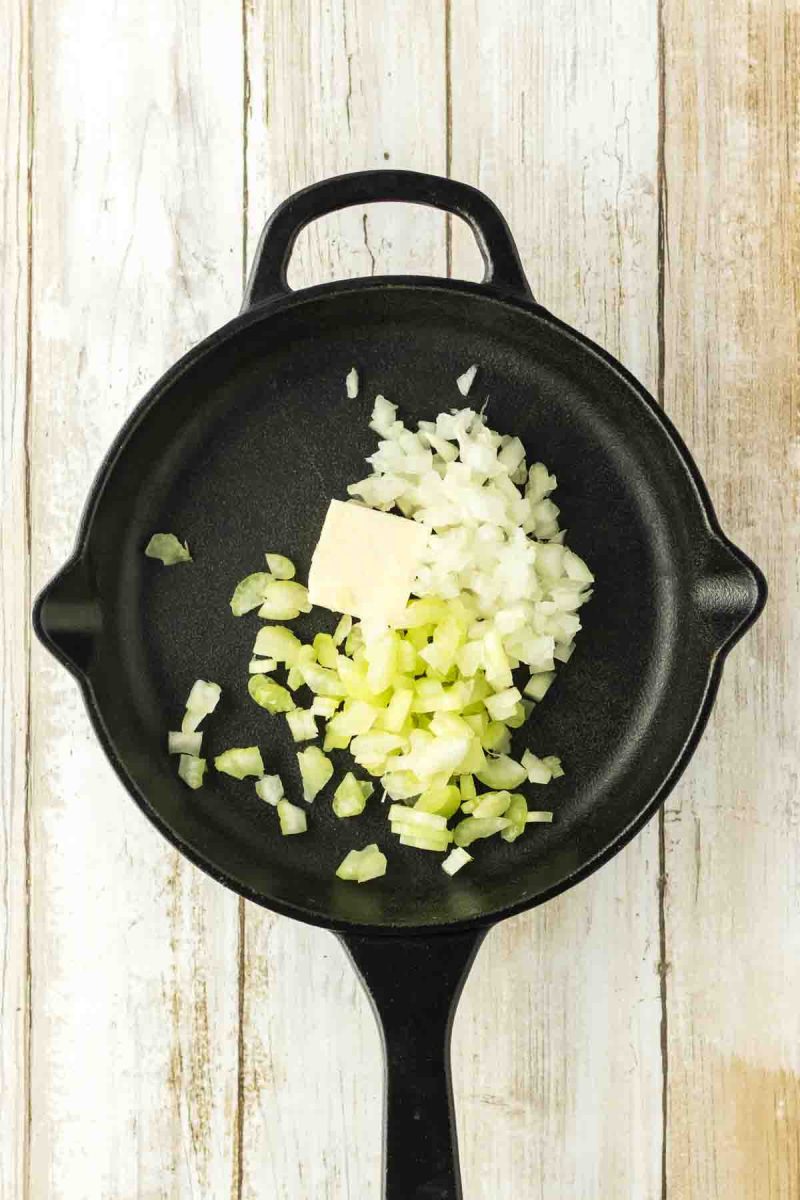 Diced onions and celery cooking in butter in a skillet for tuna noodle casserole. Hostess At Heart