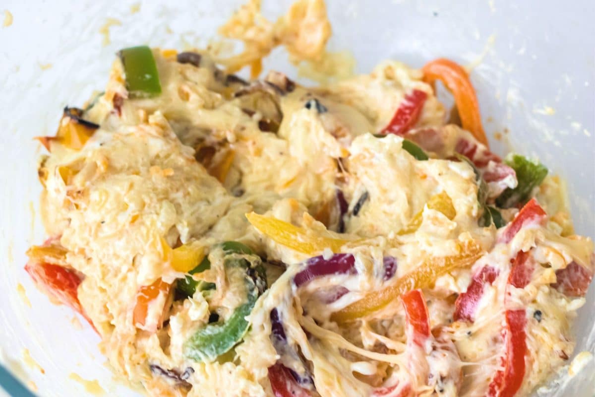 Mixture Fajita filling for stuffed chicken in a mixing bowl. Hostess At Heart