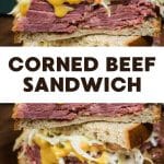 Two photo image for Pinterest of a corned beef sandwich cut in half showing a thick layer of sliced corned beef, crunchy cabbage slaw, and rich mustuard sauce on rye bread. Hostess At Heart