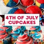 Two photo titled image for pinterest. The top image shows red white and blue tinted cupcakes and the bottom image shows the vibrantly frosted cupcakes with patriotic toppers for the 4th of July. Hostess At Heart