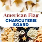 A two photo titled image for Pinterest. The top photo is white cheese stamped into stars and the bottom photo is a red white and blue charcuterie board for a 4th of July party filled with red and blue fruits, white cheese, pretzels, and crackers for an easy patriotic appetizer. Hostess At Heart