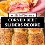 Titled two photo image for Pinterest of baked corned beef sliders. The top image is a sideview of a hand holding a baked slider showing layers of juicy corned beef, melted Swiss cheese, and sauerkraut on a golden brown homemade Hawaiian roll. The bottom photo is the pan of golden brown sliders hot from the oven. Hostess At Heart