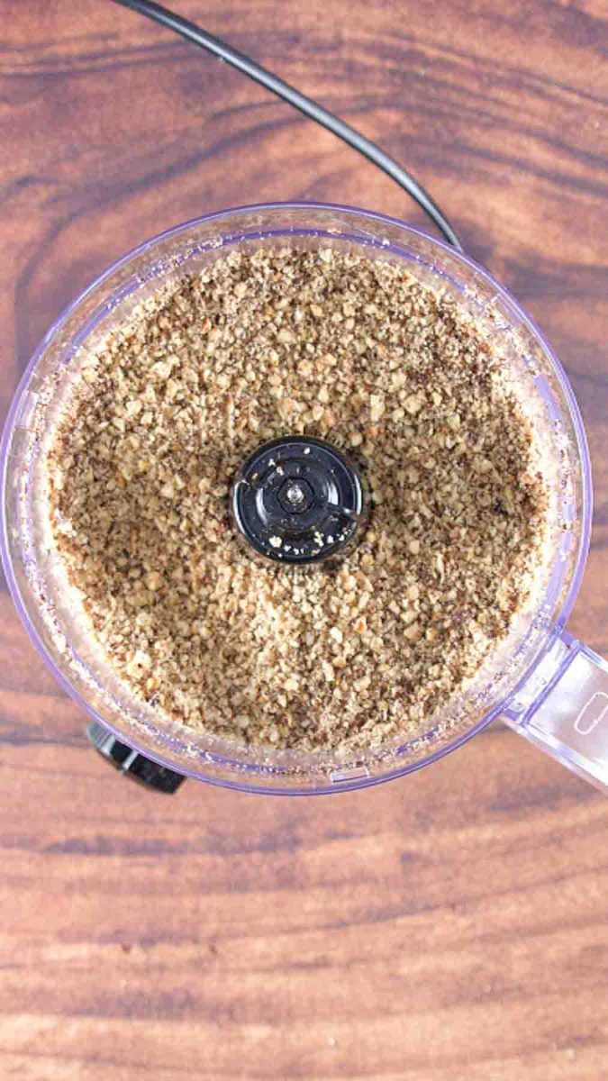 Hazelnuts ground in a food processor to make a hazelnut meringue batter for an Esterhazy Torte Recipe. Hostess At Heart