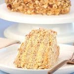 Side view of a slice of Esterhazy cake showing layers of hazelnut meringue and buttercream and the whole Esterhazy Torte on a cake plate behind the slice. Hostess At Heart