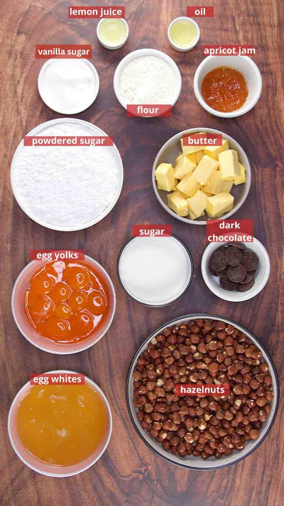 Esterhazy Torte Recipe Ingredients: flour, eggs, hazelnuts, butter, oil, sugar, chocolate and lemon juice. Hostess At Heart