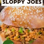 A closeup view of a juicy sloppy joe sandwich make with ground turkey on a brioche bun. Hostess At Heart