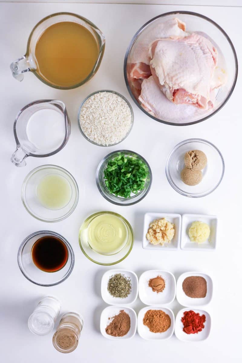 Ingredients to make Jerk Chicken and Rice recipe: skin-on, bone-in chicken thighs, lime juice, oil, soy sauce, fresh grated garlic and ginger, sliced green onions, brown sugar, long-grain rice, coconut milk, chicken stock, dried thyme, cinnamon, cayenne, smoked paprika, alspice, nutmeg, salt and pepper. Hostess At Heart