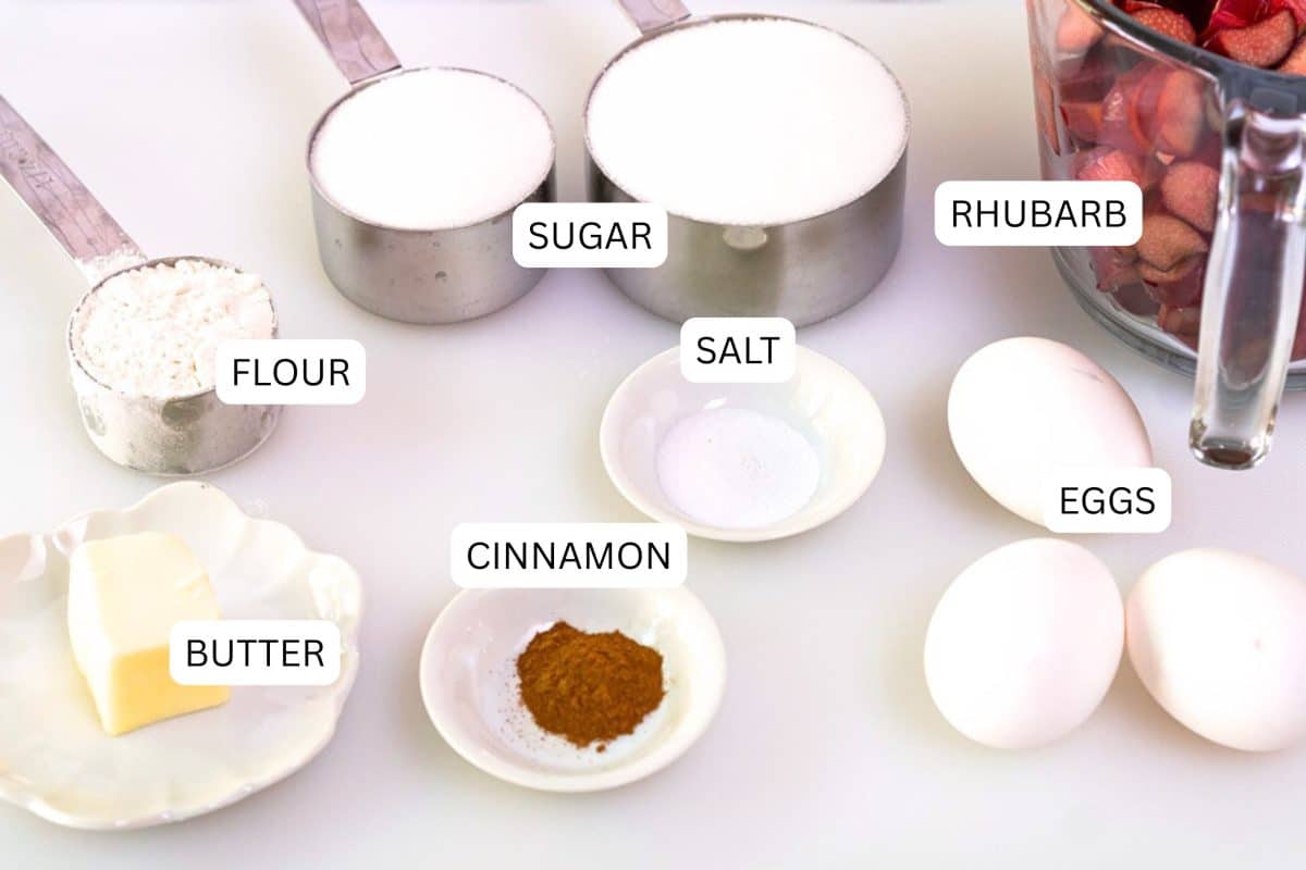 Ingredients for rhubarb custard pie including fresh rhubarb, eggs, sugar, flour, cinnamon, salt, and butter.