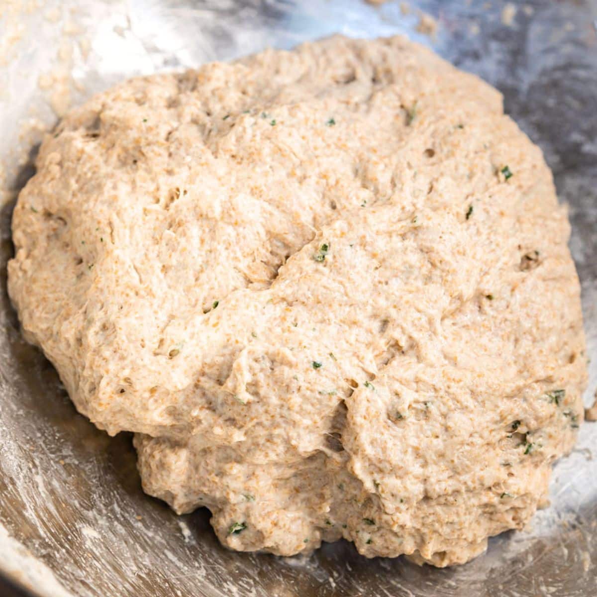 Spelt sourdough bread dough with speckles of chopped rosemary after mixing. Hostess At Heart