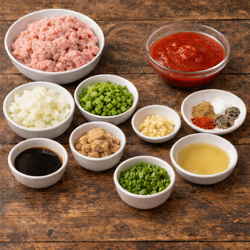 Ingredients for a ground turkey sloppy joe recipe including: ground turkey, oil, worchestire sauce, jalapenos, green pepper, tomato sauce, and spices. Hostess At Heart
