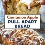 Two photo titled image for Pinterest of cinnamon pull apart bread. Top image is a piece pulled off dripping with glaze. The bottom image is of the loaf drizzled with glaze. Hostess At Heart