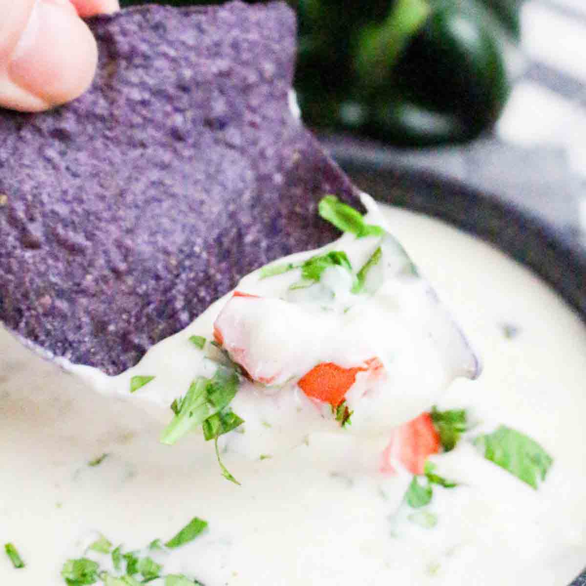 Tortilla chip dipping into warm smoky poblano queso cheese dip garnished with tomato and cilantro in a serving bowl. Hostess At Heart