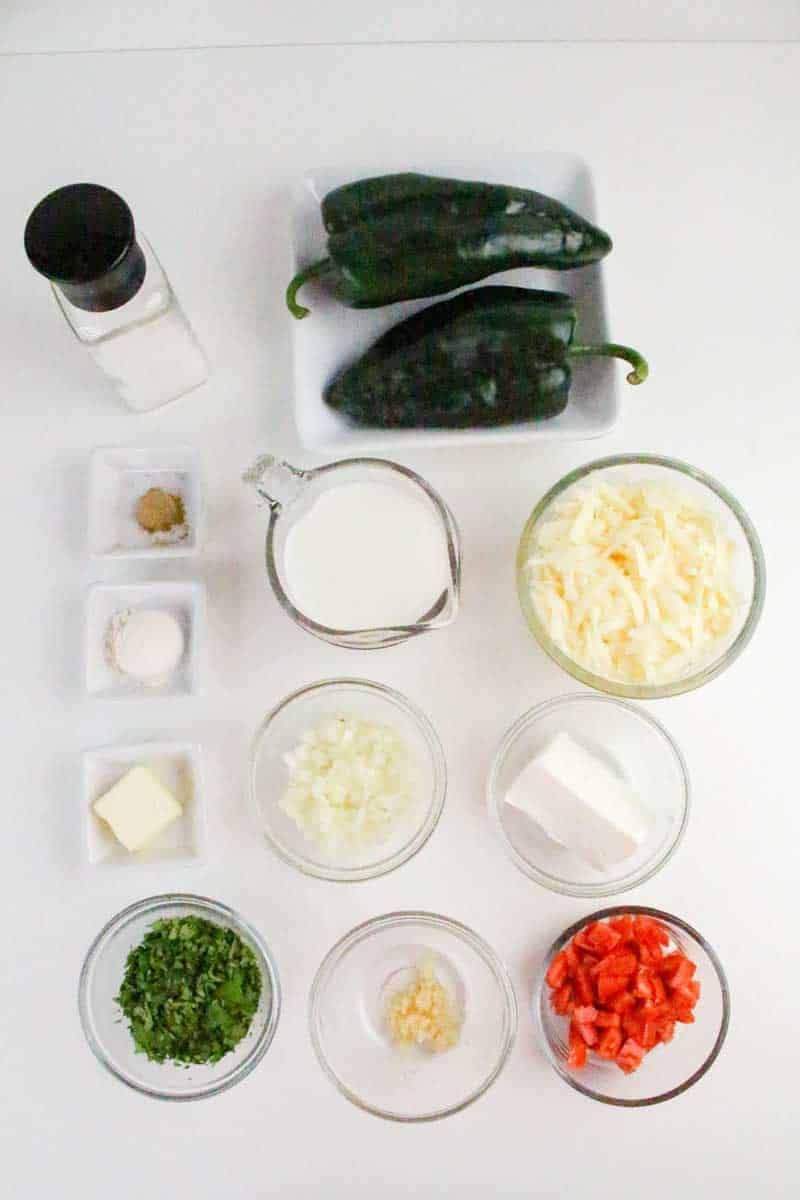 Ingredients for a Queso Cheese Dip recipe including white cheddar cheese, cream cheese, poblano chilies, minced garlic, onion, cumin, butter, flour, milk, and salt.