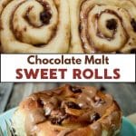 A two image collage for Pinterest. The top view is unbaked cinnamon rolls loaded by chocolate chips. The second image is a golden brown glazed sweet roll on a plate. Hostess At Heart