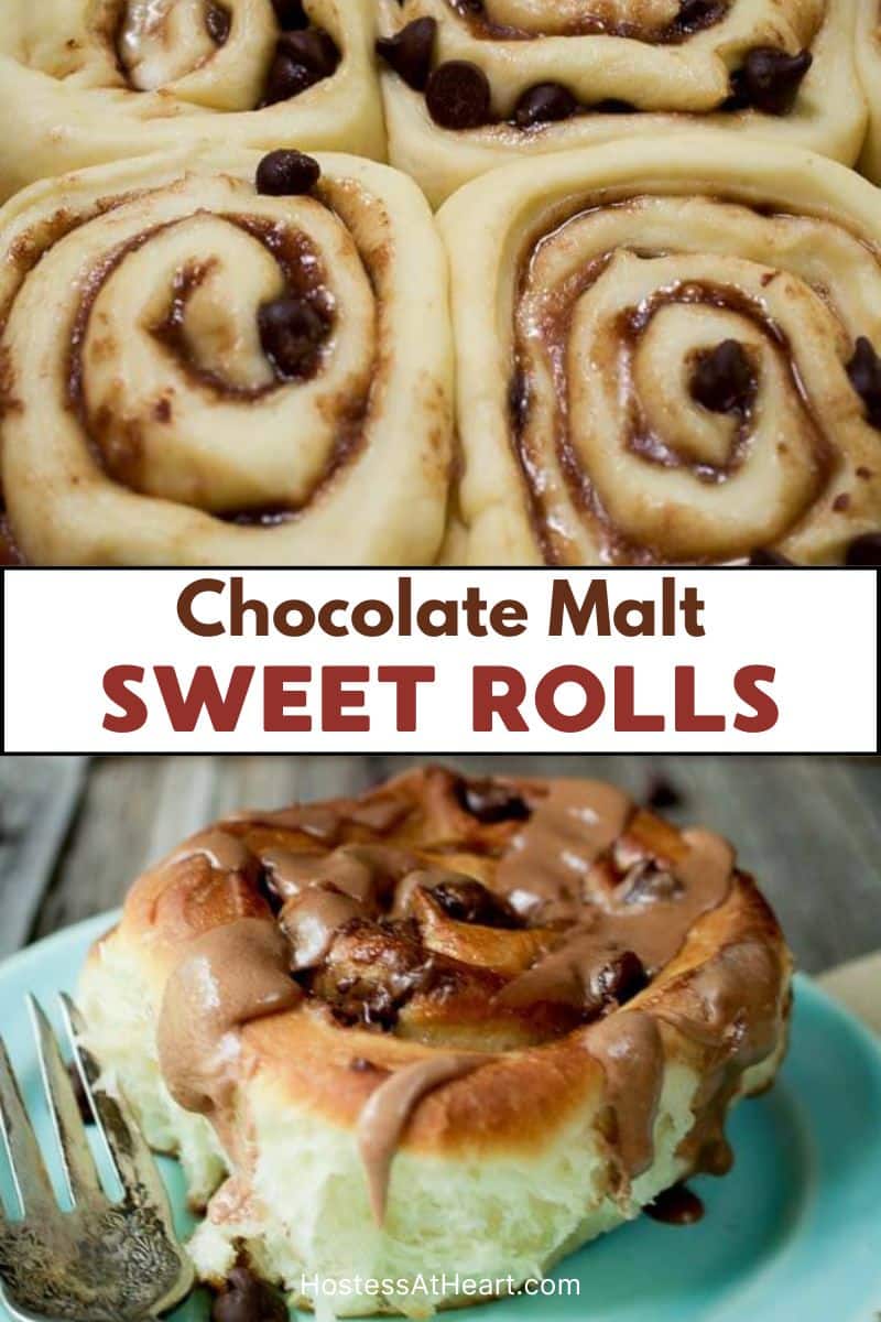 A two image collage for Pinterest. The top view is unbaked cinnamon rolls loaded by chocolate chips. The second image is a golden brown glazed sweet roll on a plate. Hostess At Heart