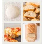 ollage of 4 images showing a no knead dough rising in a bowl. The other images are the dough baked into a golden brown loaf of bread, baked pretzel rolls, and a slice of baked pizza with a melty cheese pull.