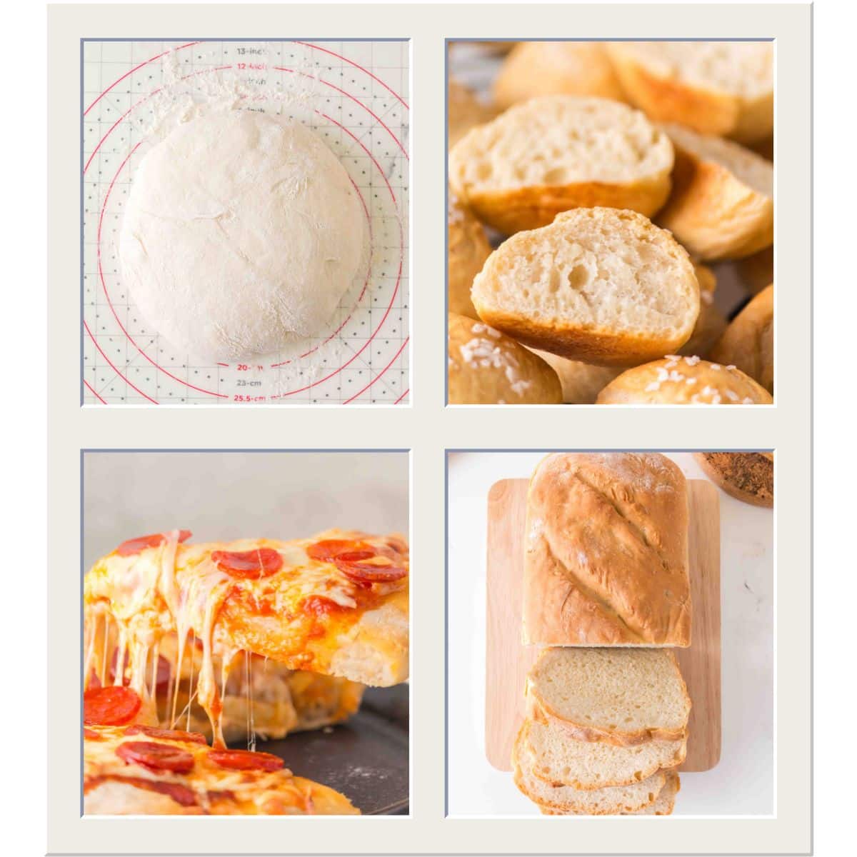 ollage of 4 images showing a no knead dough rising in a bowl. The other images are the dough baked into a golden brown loaf of bread, baked pretzel rolls, and a slice of baked pizza with a melty cheese pull.